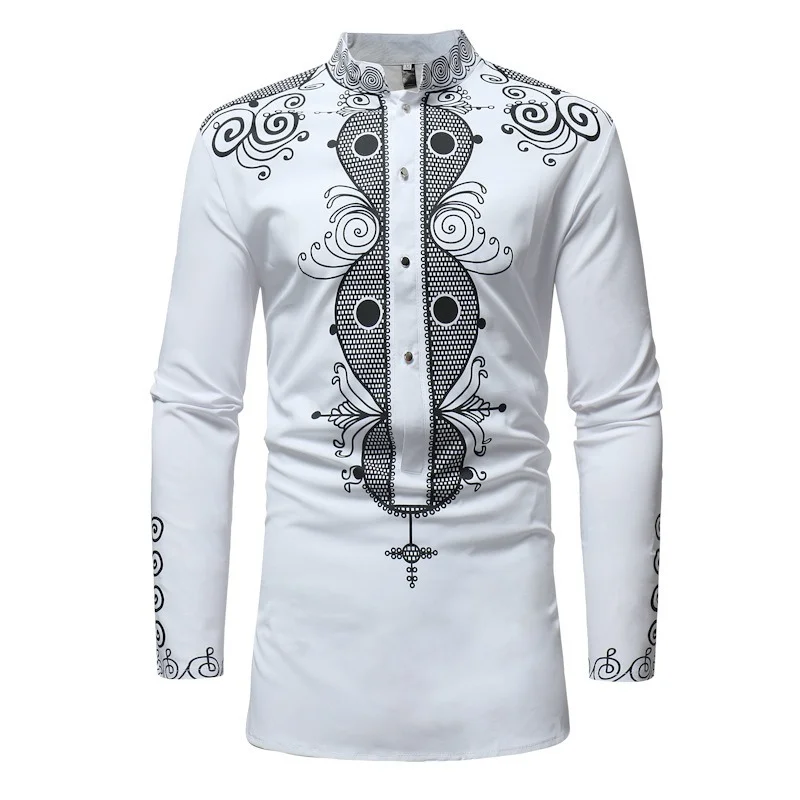 

African Tribal Dashiki Longline Shirt 2021 Brand New Long Sleeve Mandarin Collar Dress Shirt Men African Clothing Camisa Hombre