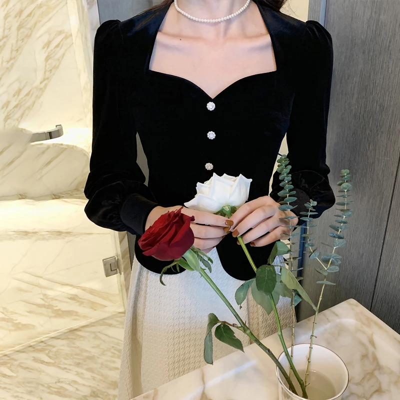 2021 Autumn and Winter Slim Velvet Tops Women Party Korean Fashion Black Blouse Button Up Long Sleeve Office Lady Pullovers
2021 Autumn and Winter Slim Velvet Tops Women Party Korean Fashion Black Blouse Button Up Long Sleeve Office Lady Pullovers