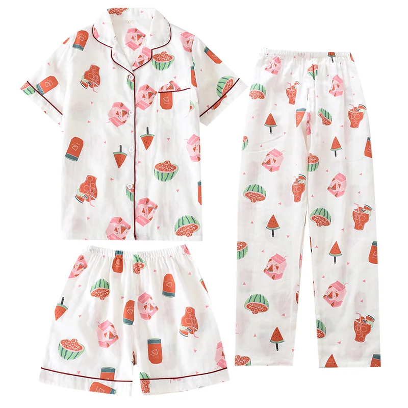 Three-piece Pajamas Women Spring And Summer Autumn 100% Cotton Gauze Short-sleeved Shorts Trousers Summer Suit Ho
Three-piece Pajamas Women Spring And Summer Autumn 100% Cotton Gauze Short-sleeved Shorts Trousers Summer Suit Ho