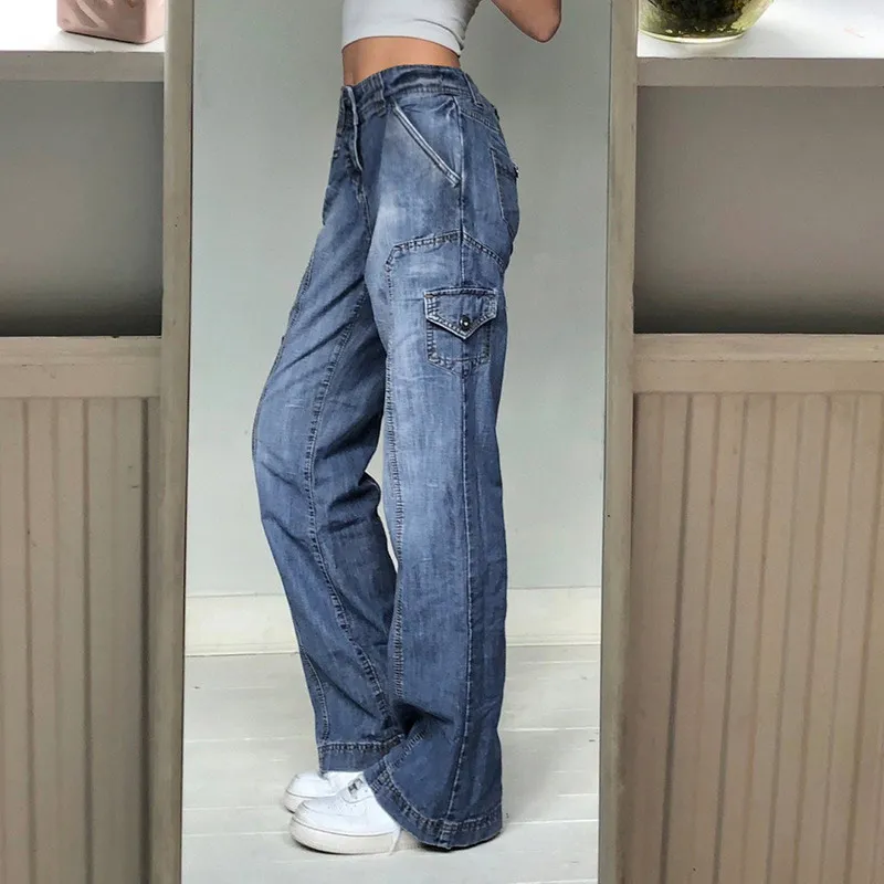 Women High Waist Jeans Pockets Patchwork Fashion Baggy Cargo Pants Female Loose Oversize Pants Korean Vintage Denim Ladies New 
Women High Waist Jeans Pockets Patchwork Fashion Baggy Cargo Pants Female Loose Oversize Pants Korean Vintage Denim Ladies New