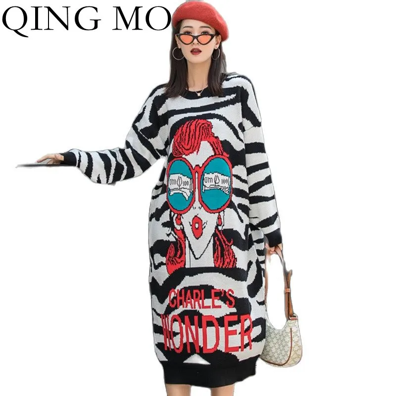 Женское платье-свитер с принтом QING MO, черно-белое платье-свитер в полоску, большие размеры, TT115Q, весна 2022 
Женское платье-свитер с принтом QING MO, черно-белое платье-свитер в полоску, большие размеры, TT115Q, весна 2022