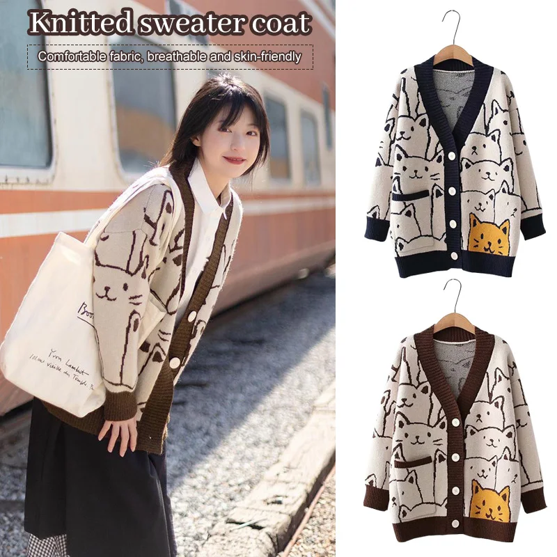 Autumn Winter Harajuku Kawaii Cartoon V-neck Cardigan Vintage Women Sweater Cute Cat Knitted Coat Long Sleeve Knitted Jacket
Autumn Winter Harajuku Kawaii Cartoon V-neck Cardigan Vintage Women Sweater Cute Cat Knitted Coat Long Sleeve Knitted Jacket