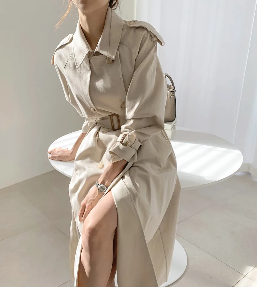 

Casual Belted Sashes Loose Women Trench Coats Double Breasted Full Sleeve Female Office Long Overcoats 2022 Autumn Winter TR62