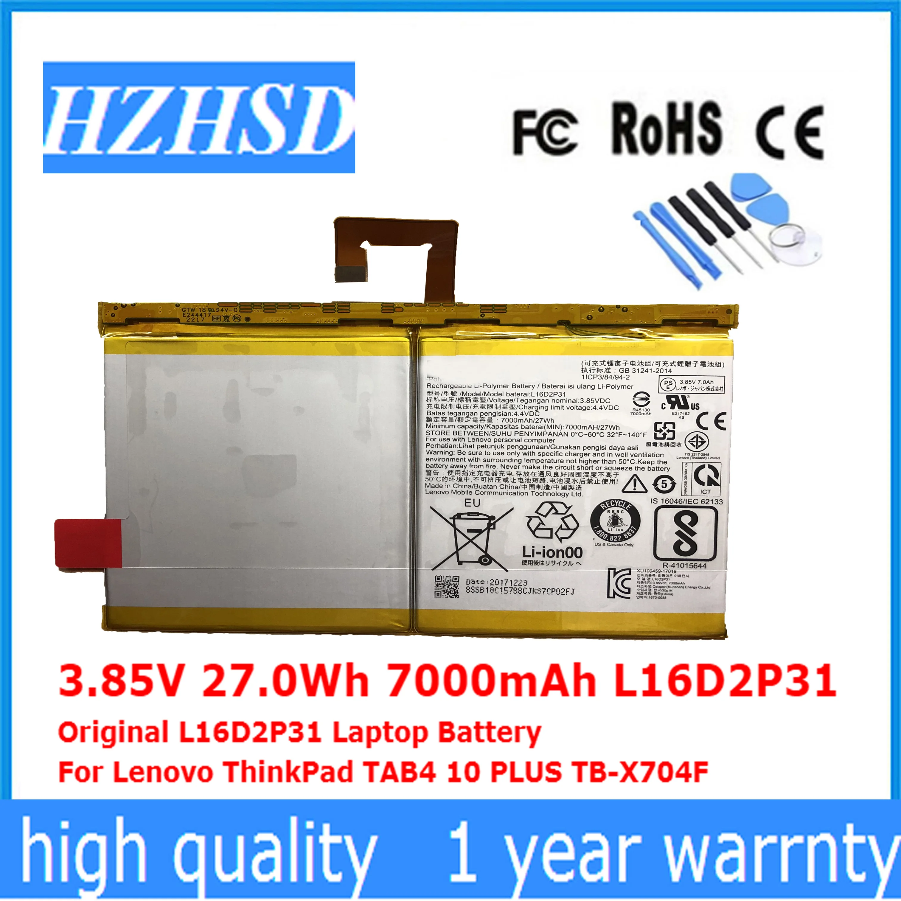 3.85V 27.0Wh 7000mAh L16D2P31 Original L16D2P31 Laptop Battery For Lenovo ThinkPad TAB4 10 PLUS TB-X704F
3.85V 27.0Wh 7000mAh L16D2P31 Original L16D2P31 Laptop Battery For Lenovo ThinkPad TAB4 10 PLUS TB-X704F