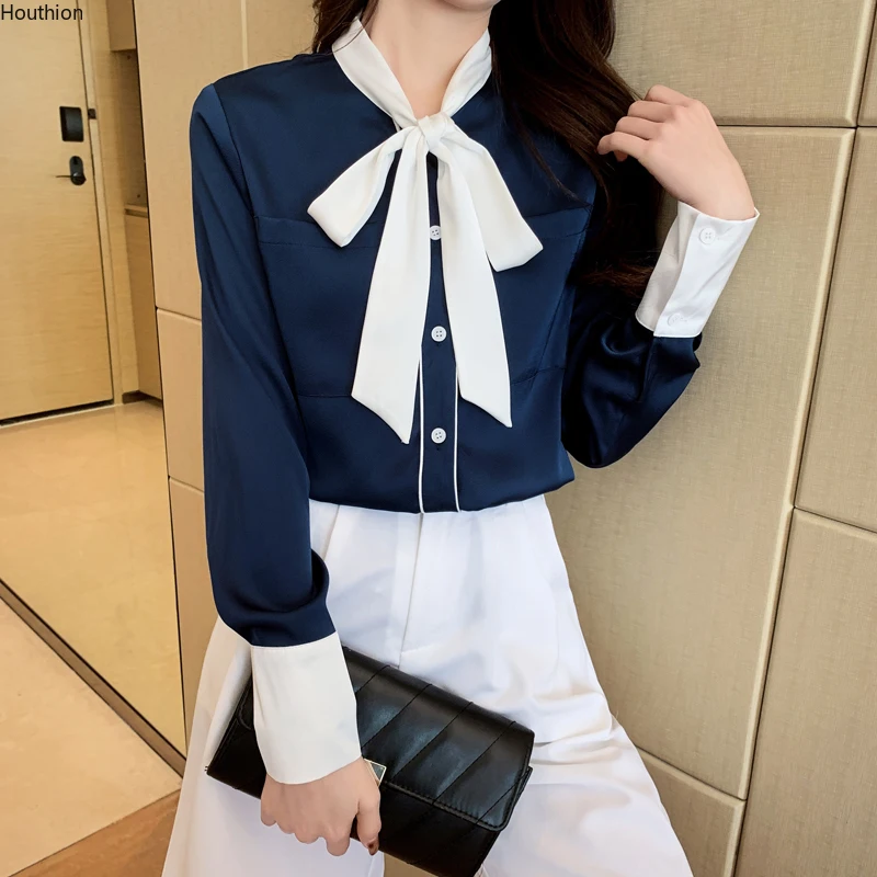 Houthion Women's Blouse Satin Top Long Sleeve V-neck Shirt Korean Casual Fashion New 2021 Pure Color Stitching Bow
Houthion Women's Blouse Satin Top Long Sleeve V-neck Shirt Korean Casual Fashion New 2021 Pure Color Stitching Bow
