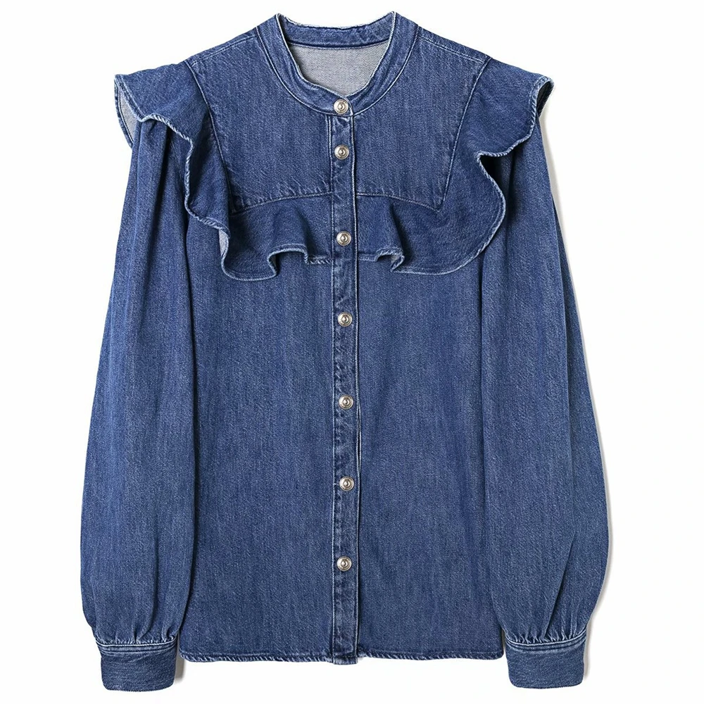 100% Cotton Autumn Women's Denim Shirt Long Sleeve Solid Color Ruffled Fashion Top Doll Collar Casual Button 2020 Ladies Jacket 
100% Cotton Autumn Women's Denim Shirt Long Sleeve Solid Color Ruffled Fashion Top Doll Collar Casual Button 2020 Ladies Jacket