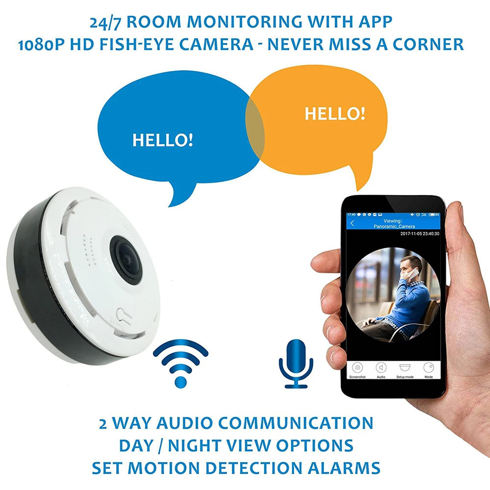 Fisheye IP Camera WiFi 1080P 360 Degree Panoramic Wireless Home Security CCTV Camera IR Night Vision Surveillance Camera
Fisheye IP Camera WiFi 1080P 360 Degree Panoramic Wireless Home Security CCTV Camera IR Night Vision Surveillance Camera
