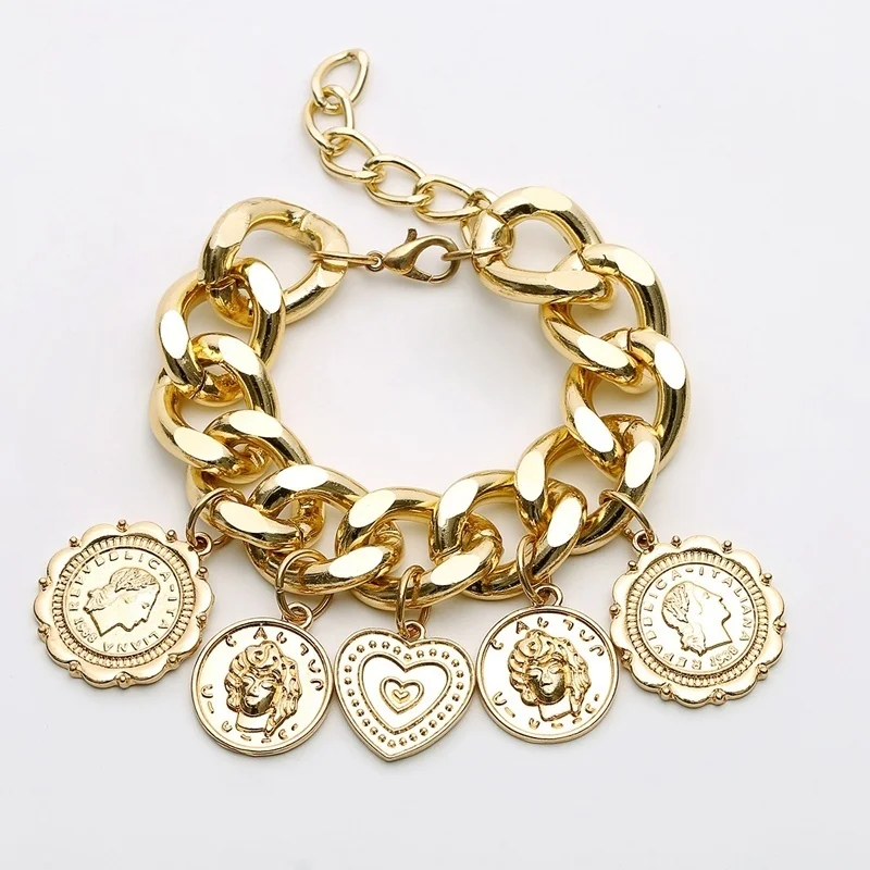 Women's Bracelet Thick Chain Metal Coin Heart Creative Personality Fashion Jewelry Round Punk Hip Hop Domeering Bangles
Women's Bracelet Thick Chain Metal Coin Heart Creative Personality Fashion Jewelry Round Punk Hip Hop Domeering Bangles