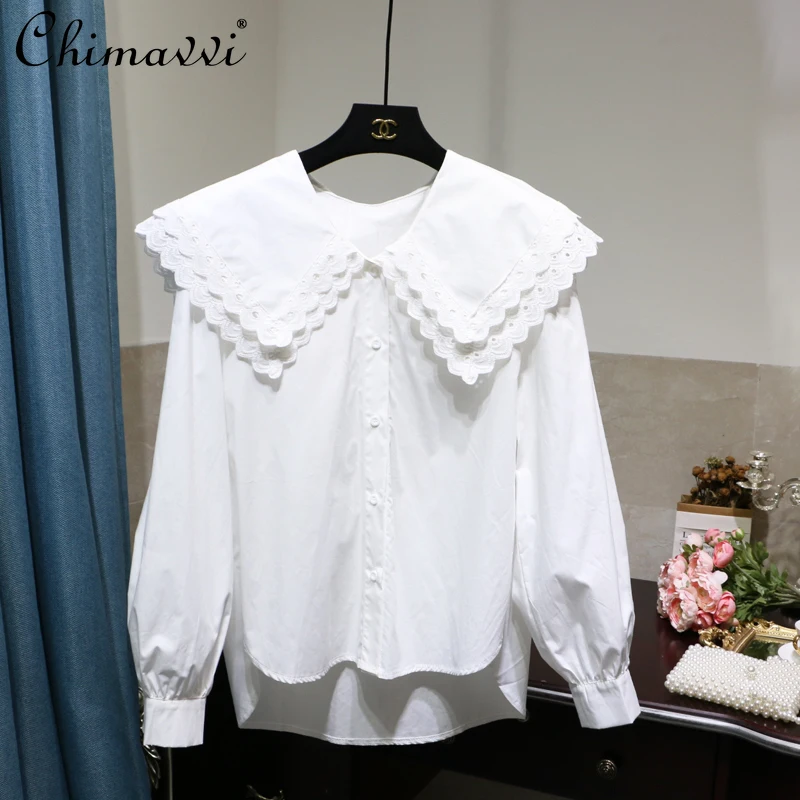 Women's Early Autumn Doll Collar White Shirt Lace Puff Sleeve Preppy Style Blouses Female Korean Style Loose Black Shirt Top
Women's Early Autumn Doll Collar White Shirt Lace Puff Sleeve Preppy Style Blouses Female Korean Style Loose Black Shirt Top