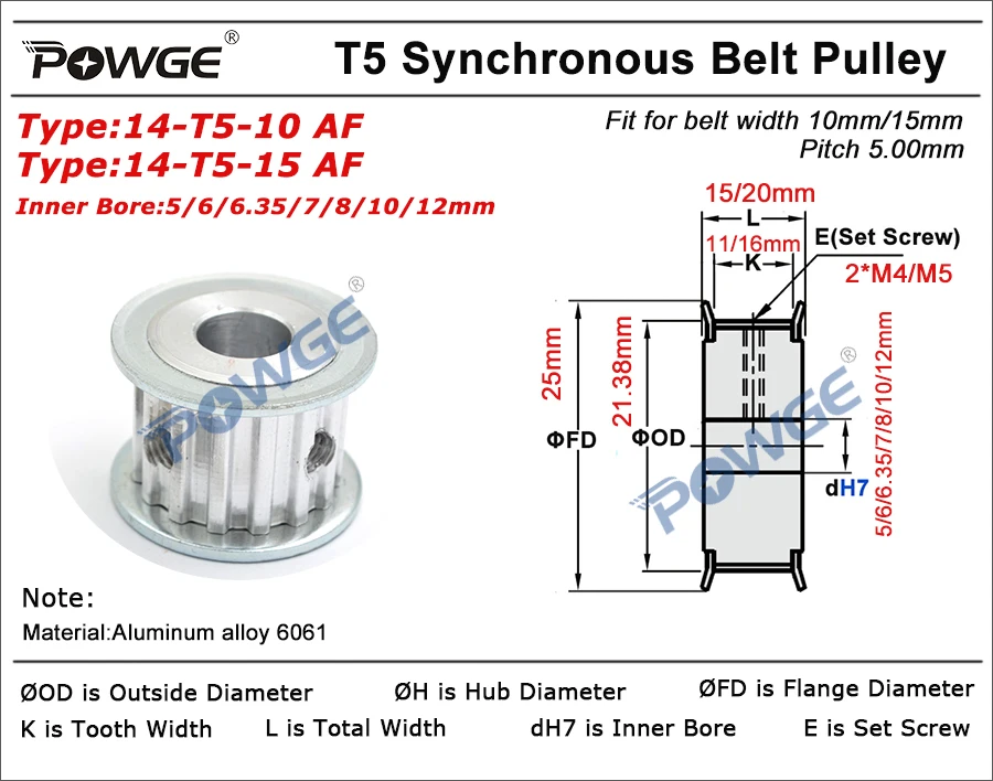 Трапециевидный синхронный шкив POWGE T5 14 Зубцов диаметр 5/6/6/35/7/8/10/12 мм для ремня