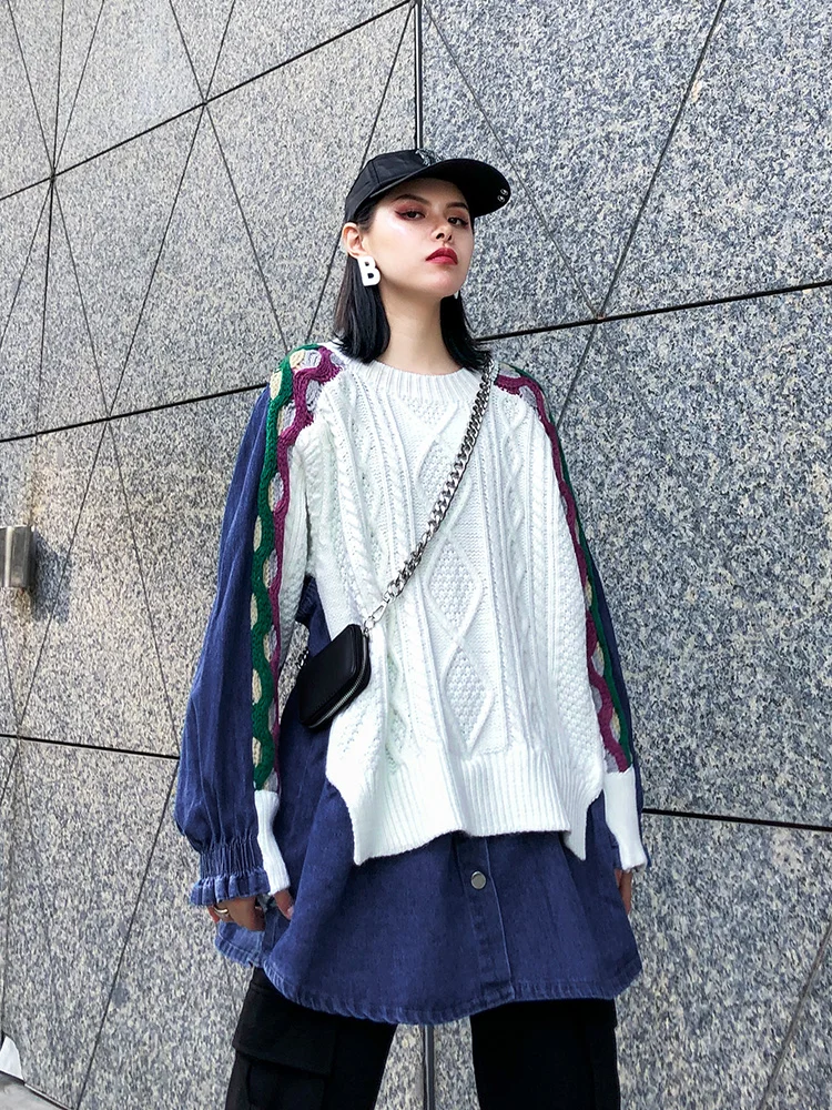 Denim Patchwork Women Knitting Sweater Fake Two Piece Lantern Sleeve Round Collar Twist Knit Pullovers Harajuku Clothing
Denim Patchwork Women Knitting Sweater Fake Two Piece Lantern Sleeve Round Collar Twist Knit Pullovers Harajuku Clothing