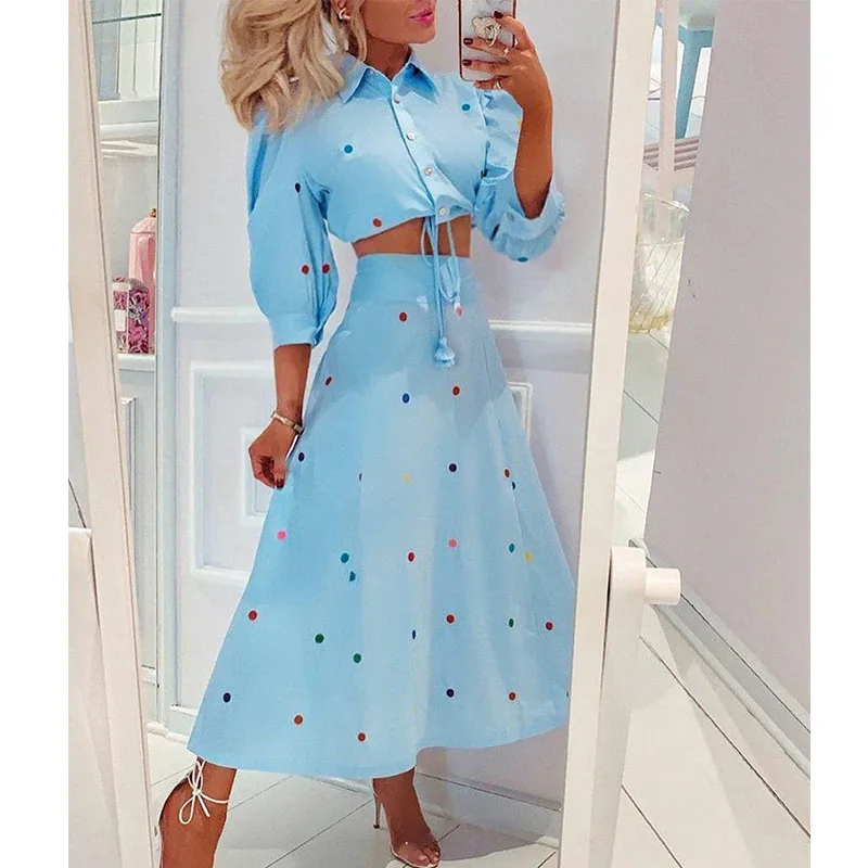 Donsignet Women Skirts Set 2021 New Autumn Wave Point Puff Sleeve Short Lace Up Top and Skirt Two Piece Sets Women Fashion 
Donsignet Women Skirts Set 2021 New Autumn Wave Point Puff Sleeve Short Lace Up Top and Skirt Two Piece Sets Women Fashion