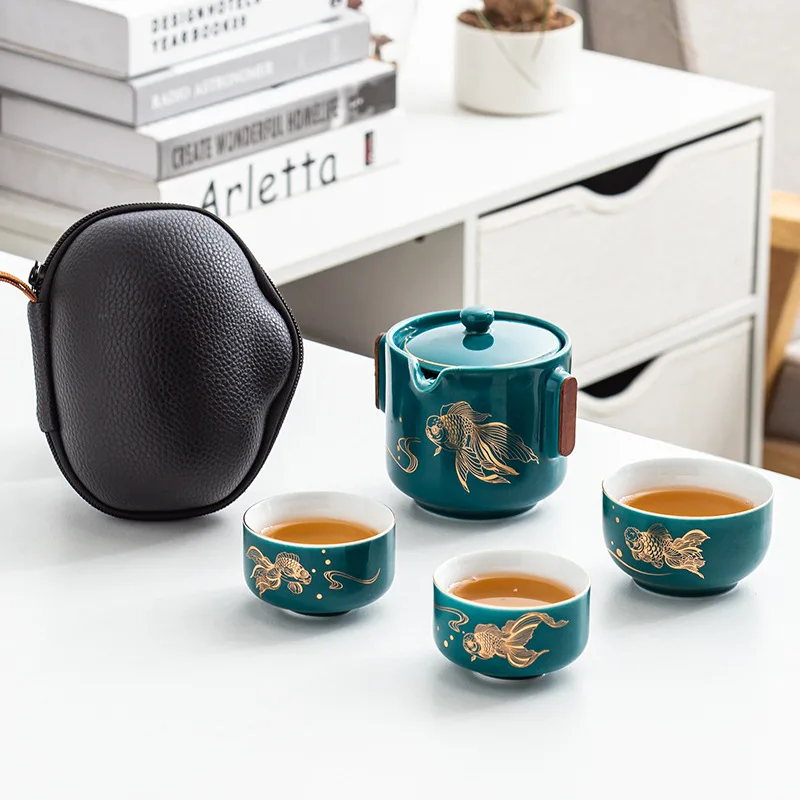 

Китайский дорожный чайный набор кунг-фу керамический портативный чайник фарфоровая чайная чашка Gaiwan чайная церемония чайный горшок с сумк...