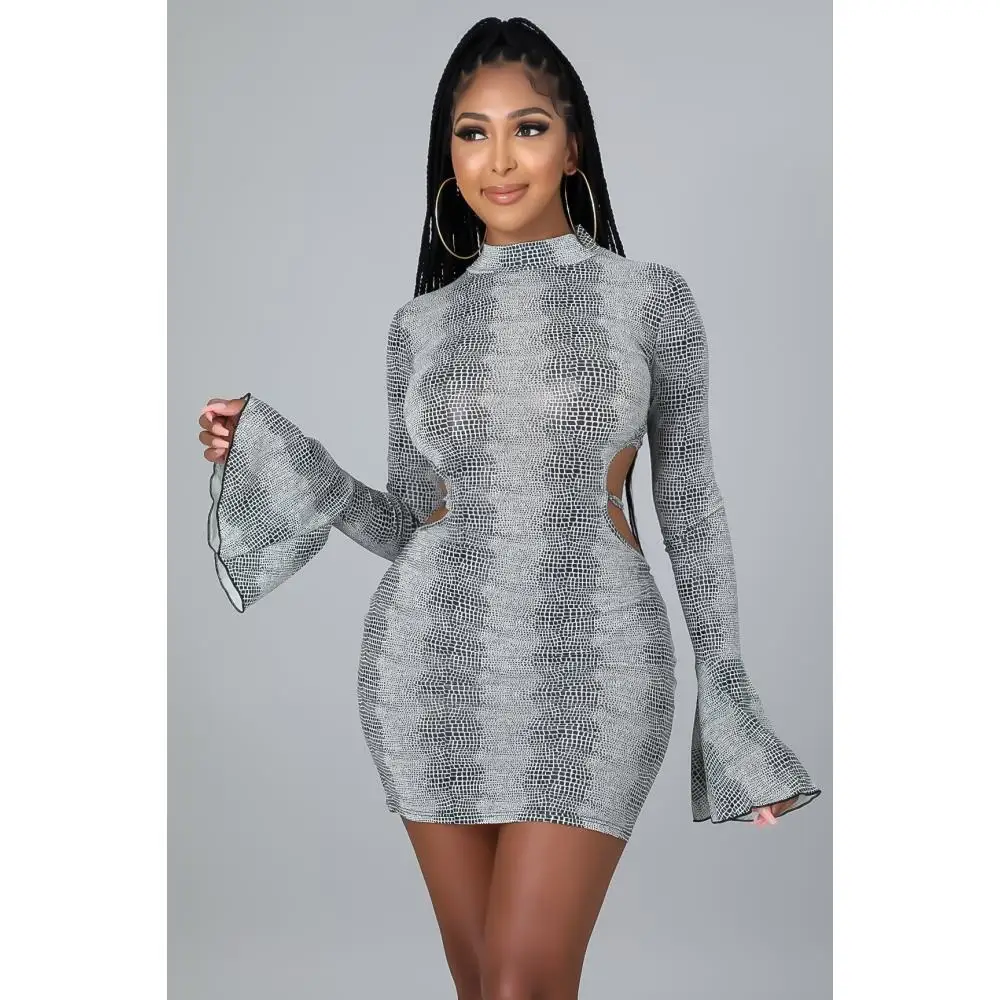 Women's Half High Neck Long Sleeve Ruffle Cuffs Backless Bandage Mini Dress Python Print Sexy Hip Lift Fall and Winter Dresses
Women's Half High Neck Long Sleeve Ruffle Cuffs Backless Bandage Mini Dress Python Print Sexy Hip Lift Fall and Winter Dresses