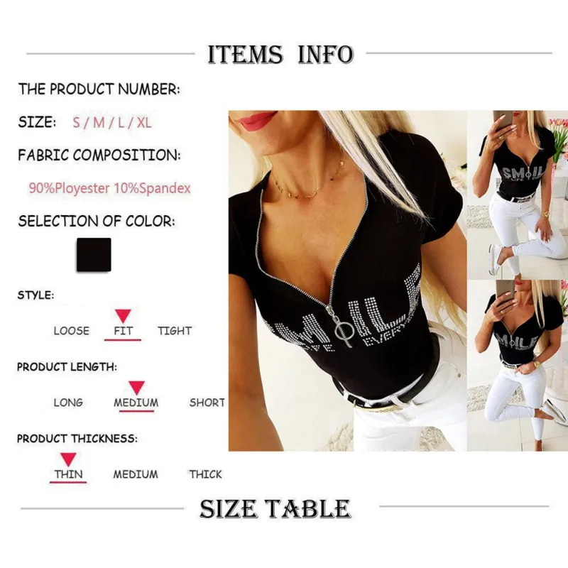 2021 Women's Summer Feature Diamond Letter Zipper V-Neck Sexy Slim Pullover Short Sleeve Top T-shirt
2021 Women's Summer Feature Diamond Letter Zipper V-Neck Sexy Slim Pullover Short Sleeve Top T-shirt