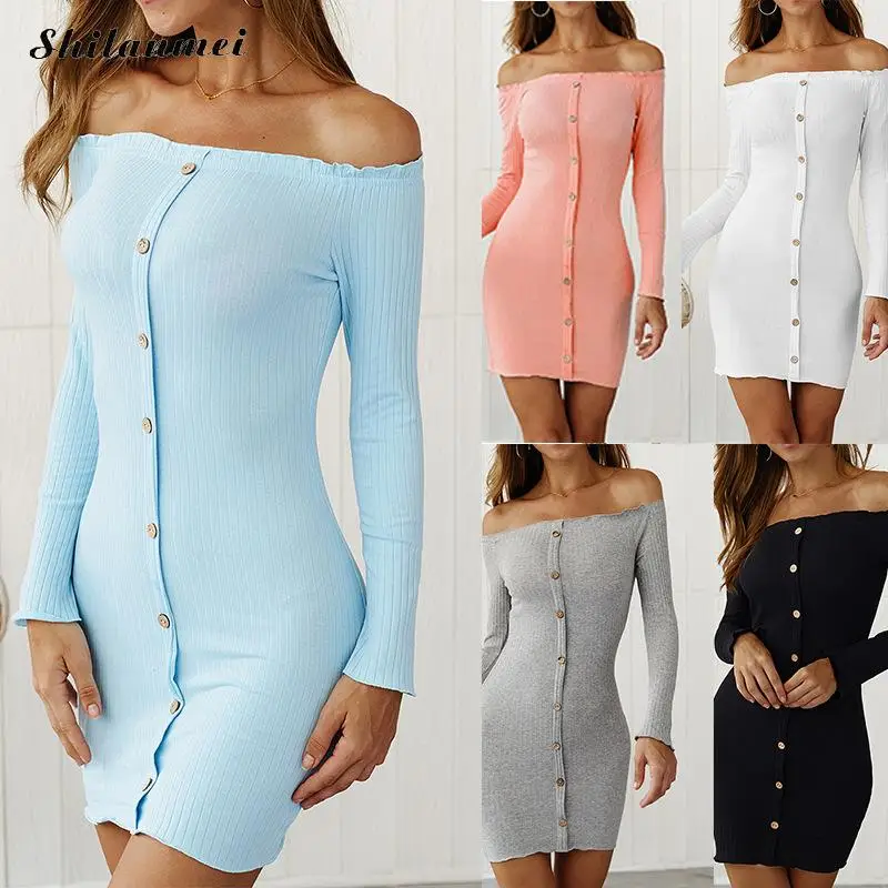 Long Sleeve Bodycon Dress Girls Candy Color Mini Dress Women 2019 Autumn Button Slim Dress Sexy Boat Neck Club Party Dresses
Long Sleeve Bodycon Dress Girls Candy Color Mini Dress Women 2019 Autumn Button Slim Dress Sexy Boat Neck Club Party Dresses