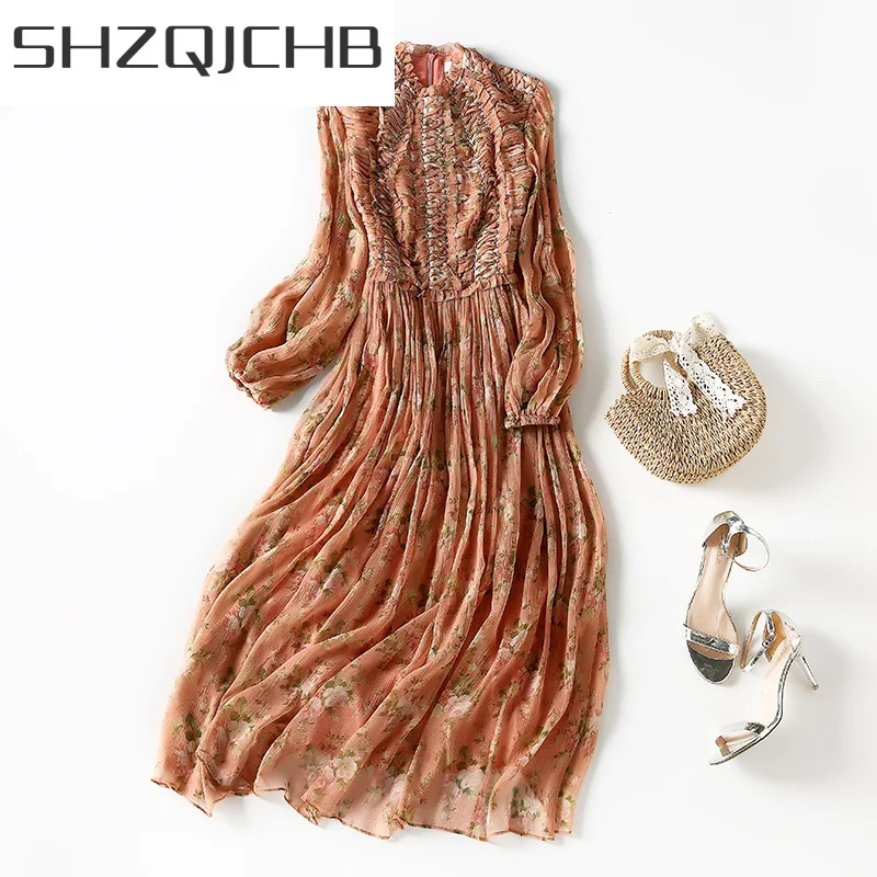 Женское шелковое платье с цветочным принтом и длинным рукавом 
Женское шелковое платье с цветочным принтом и длинным рукавом