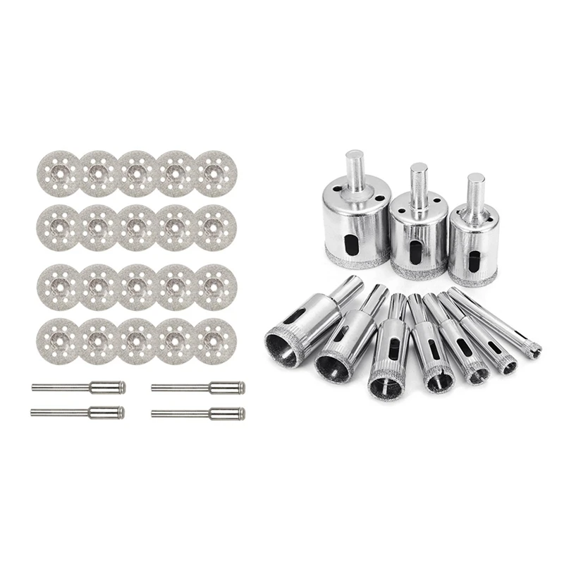 20Pcs 22Mm Diamond Cutting Wheel Off Discs With 4 Pcs 3Mm Mandrel & 10Pcs 6-32Mm Hole Saw Diamond Drill Bit
20Pcs 22Mm Diamond Cutting Wheel Off Discs With 4 Pcs 3Mm Mandrel & 10Pcs 6-32Mm Hole Saw Diamond Drill Bit