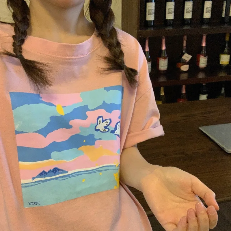 Sakurada Kawashima 2021 Summer New Color Oil Painting Printing Short Sleeve Ins Korean Style Loose Student T-shirt Top for Women
Sakurada Kawashima 2021 Summer New Color Oil Painting Printing Short Sleeve Ins Korean Style Loose Student T-shirt Top for Women