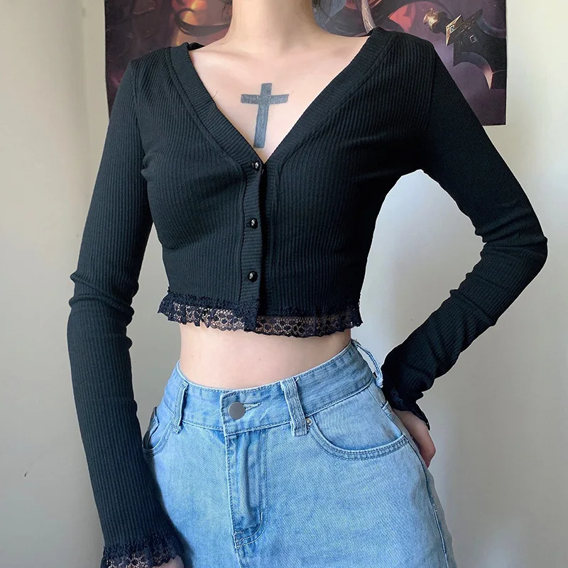 InsGoth Autumn Vintage Gothic Lace Black Cardigan Harajuku Sexy V Neck Long Sleeve Crop Top Women Knitted Button Up Cardigan
InsGoth Autumn Vintage Gothic Lace Black Cardigan Harajuku Sexy V Neck Long Sleeve Crop Top Women Knitted Button Up Cardigan