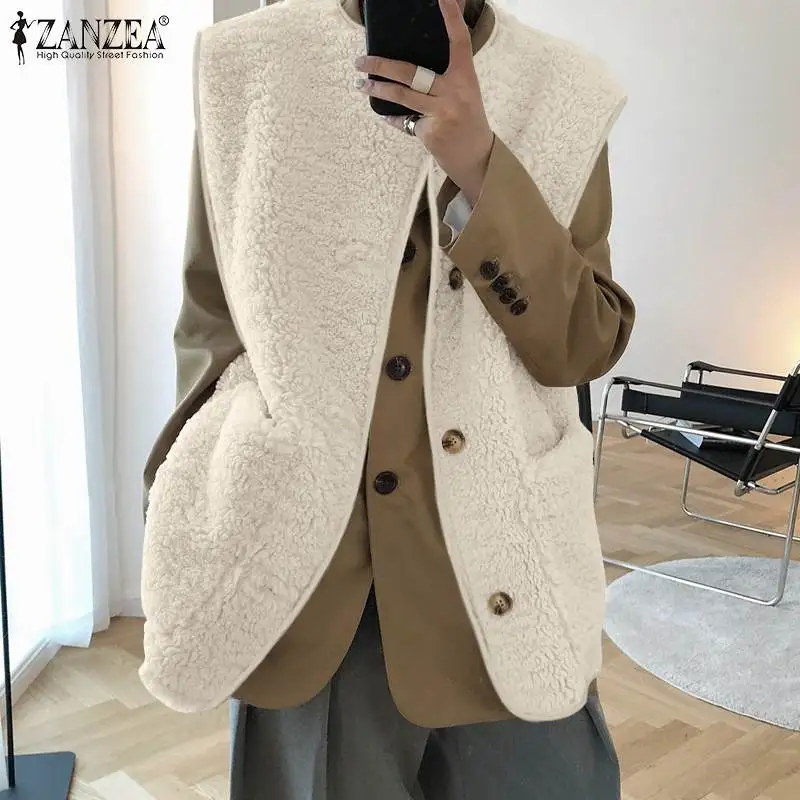 2022 Women Harajuku Autumn Warm Outwears ZANZEA Faxu Lamb Wool Vest Casual Solid Sleeveless Loose Coats Oversized Button Jackets
2022 Women Harajuku Autumn Warm Outwears ZANZEA Faxu Lamb Wool Vest Casual Solid Sleeveless Loose Coats Oversized Button Jackets