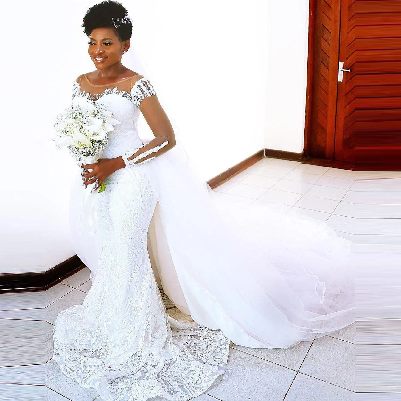 African Full Lace Wedding Dresses With Detachable Train Scoop Beads Mermaid Wedding Dress Illusion Sleeves vestidos de novia
African Full Lace Wedding Dresses With Detachable Train Scoop Beads Mermaid Wedding Dress Illusion Sleeves vestidos de novia