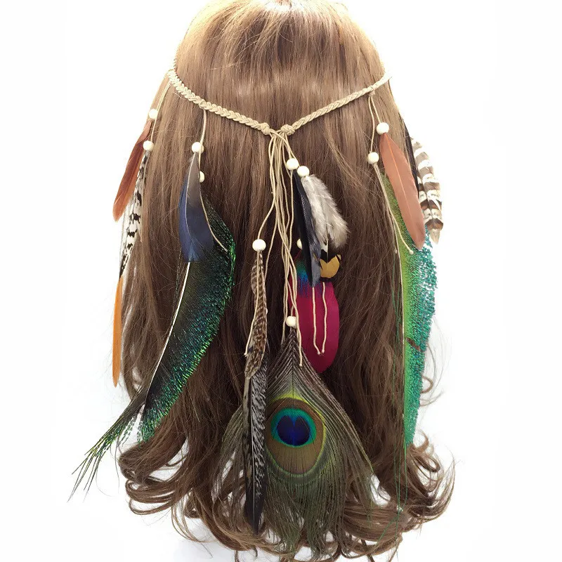 

Bohemian Style Indian Feather Headband Headdress Hair Rope Headwear Tribal Hippie Handmade Hair Accessories for Women 46