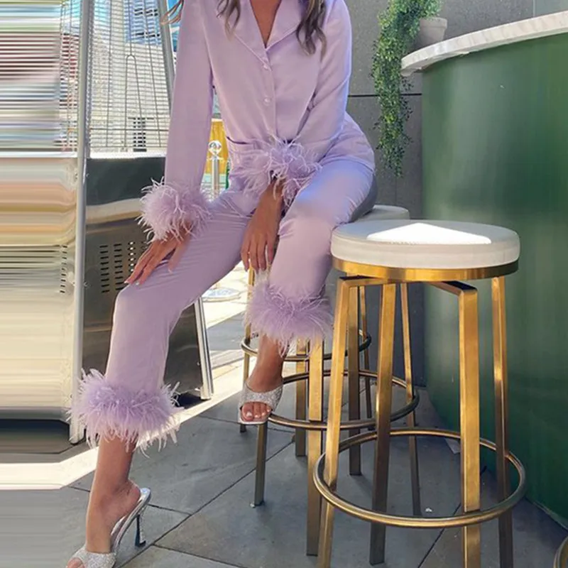 2022 Two Piece Chic Feather Detail Lounge Suits Long Sleeve Button Up Top & Slim Pants Set For Woman
2022 Two Piece Chic Feather Detail Lounge Suits Long Sleeve Button Up Top & Slim Pants Set For Woman