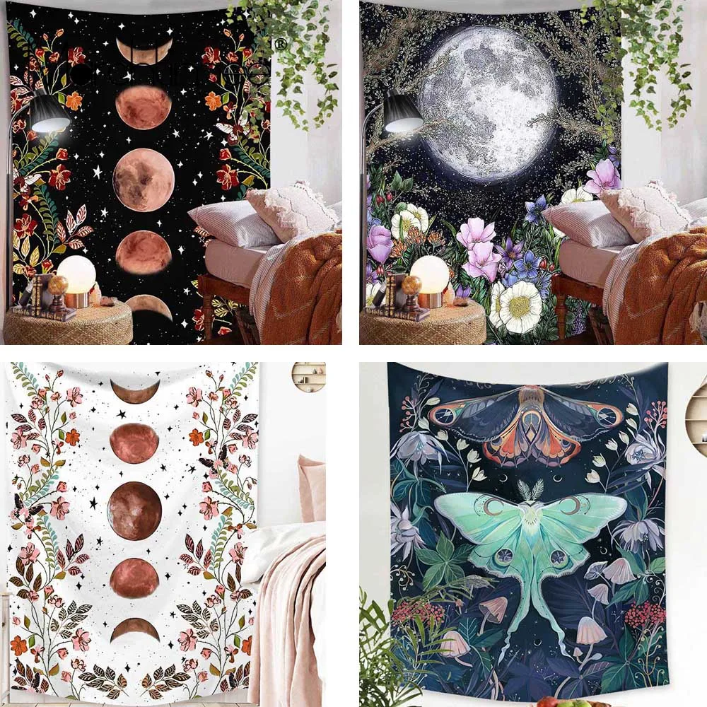 

Psychedelic Moon Tapestry Polyester Starry Flower Wall Hanging Room Sky Carpet Dorm Art Tapestries Bedspread Home Decortive