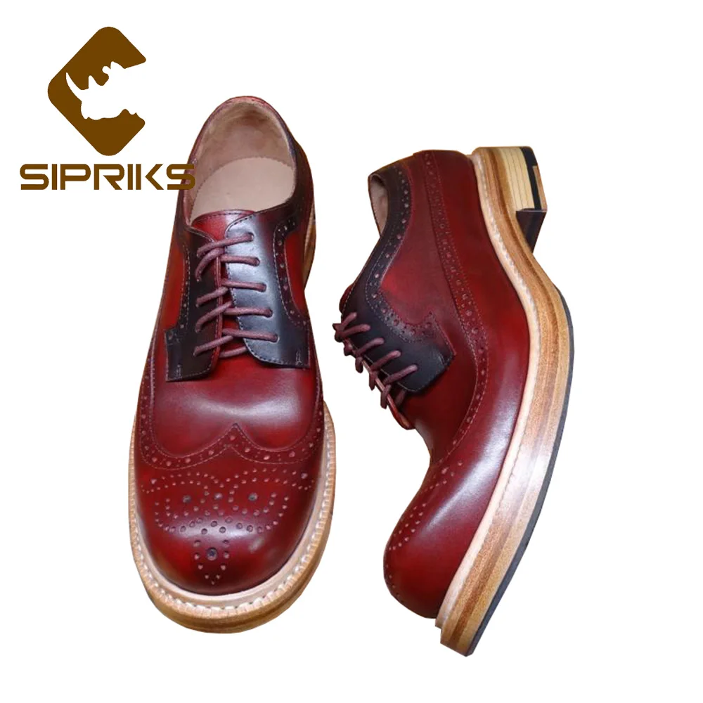 

Sipriks Luxury Designer Mens Goodyear Welted Shoes Round Toe Wine Red Formal Calf Leather Shoes Boss Brogue Wingtip Dress Gents