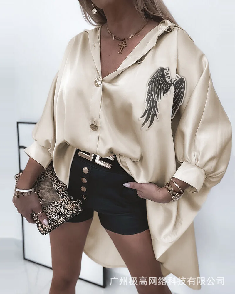 Women's Shirt Casual Office Women's 2021 New Summer Apricot Satin Wing Patch Loose Shirt 
Women's Shirt Casual Office Women's 2021 New Summer Apricot Satin Wing Patch Loose Shirt