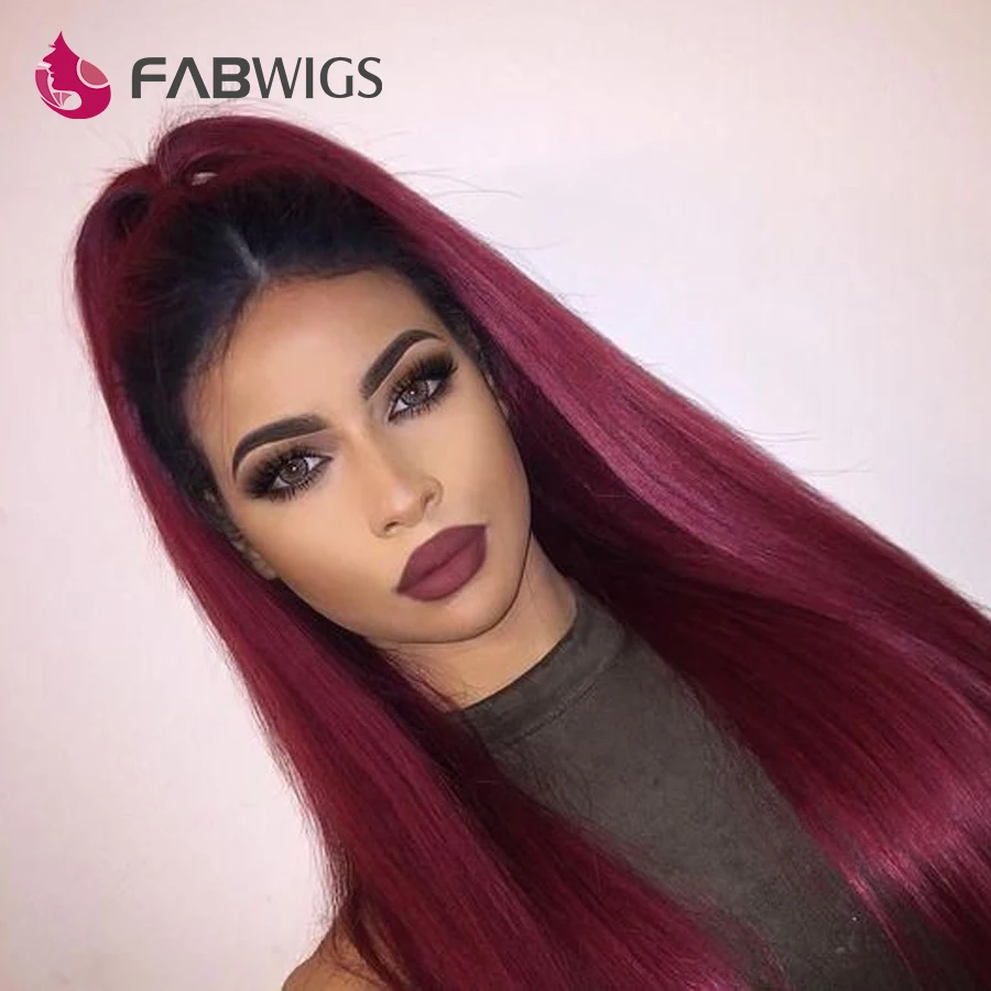 Fabwigs 1B/99J полные кружевные человеческие волосы парики Омбре предварительно