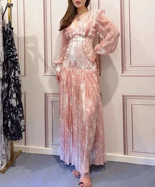 New Arrival Long Dress Pink Vintage Print Sexy Shining Lantern SLeeve Elegant Party Dresses Top Quality
New Arrival Long Dress Pink Vintage Print Sexy Shining Lantern SLeeve Elegant Party Dresses Top Quality