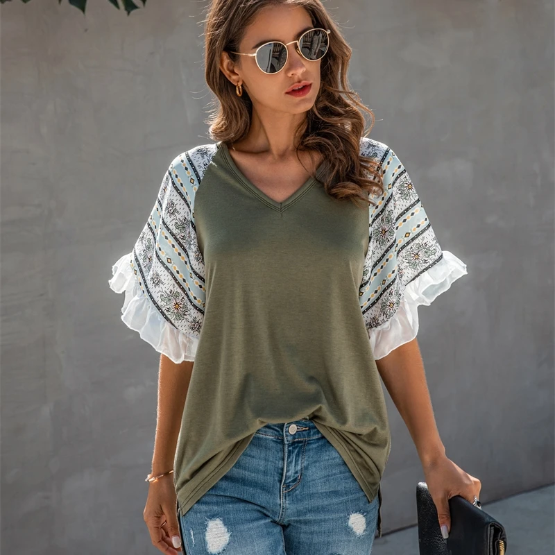 New spring and summer fashion design and color splicing Chiffon V-neck Ruffle women's T-shirt b202sym030
New spring and summer fashion design and color splicing Chiffon V-neck Ruffle women's T-shirt b202sym030