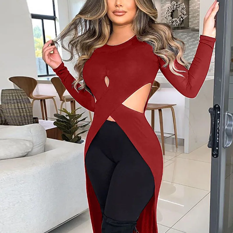 2021 spring round neck long-sleeved ladies tops elegant solid color irregular long shirts ladies sexy hollow tights casual
2021 spring round neck long-sleeved ladies tops elegant solid color irregular long shirts ladies sexy hollow tights casual