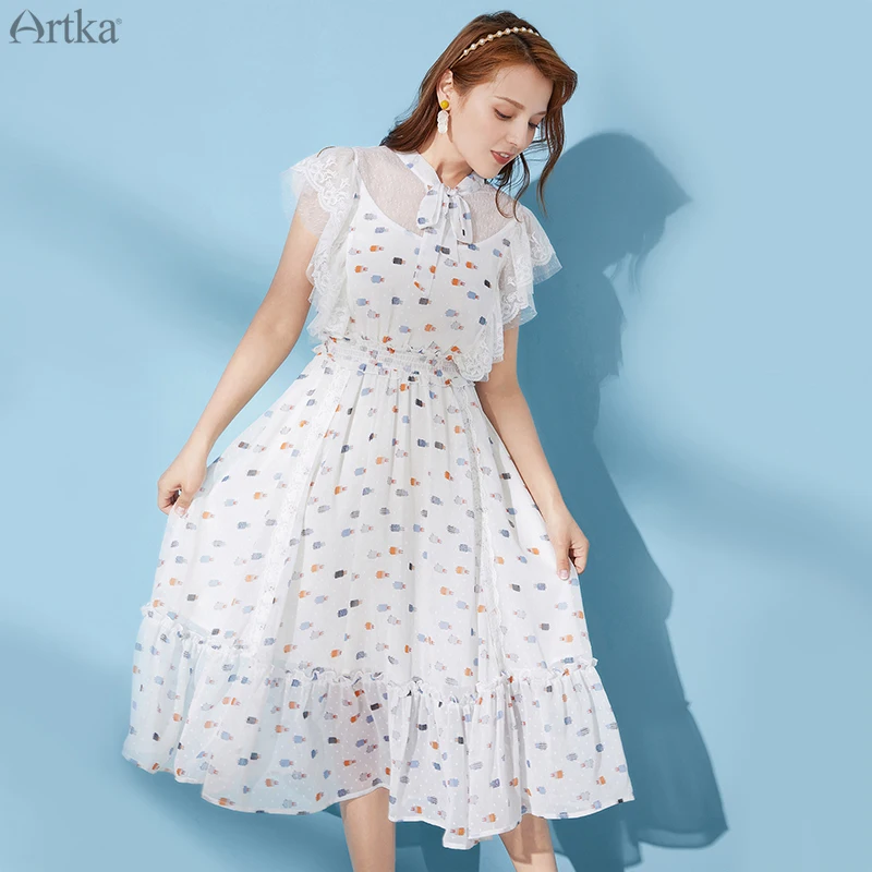 Женское шифоновое платье ARTKA белое элегантное кружевное с принтом бантом на