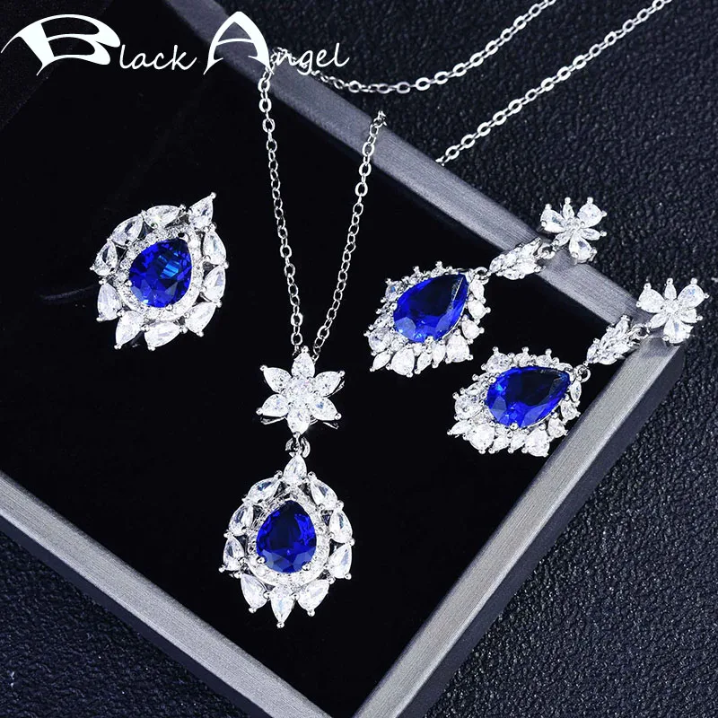 BLACK ANGEL 925 Silver Jewelry Set Inlaid Blue Gemstone CZ Pendant Necklace For Women Ring Water Drop Earrings Wedding Gifts 
BLACK ANGEL 925 Silver Jewelry Set Inlaid Blue Gemstone CZ Pendant Necklace For Women Ring Water Drop Earrings Wedding Gifts