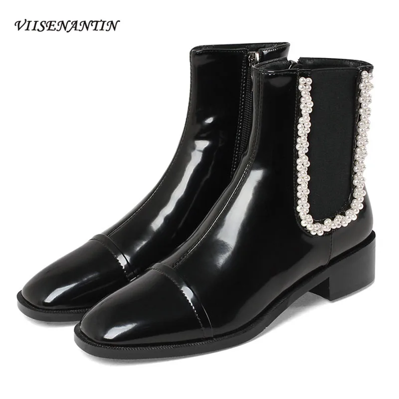 Универсальные ботинки в британском стиле ретро с квадратным носком и боковой молнией, эластичные ботинки с жемчужинами, новинка, модные кор... 
Универсальные ботинки в британском стиле ретро с квадратным носком и боковой молнией, эластичные ботинки с жемчужинами, новинка, модные кор...