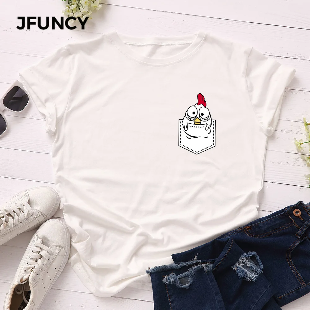 JFUNCY 5XL футболки с принтом цыпленка карманами Женская хлопковая Футболка Kawaii Harajuku