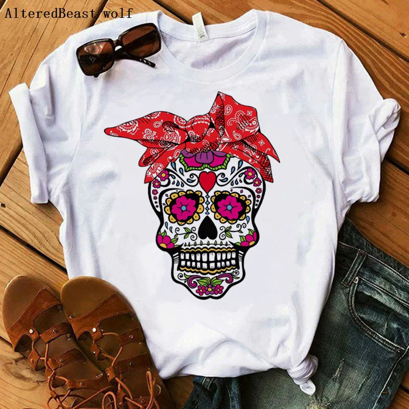 Summer T-shirt Women Harajuku Fashion Sugar Skull Red Bandana print Tshirt Mom Funny Harajuku Mama Female O-neck T Shirt 2020
Summer T-shirt Women Harajuku Fashion Sugar Skull Red Bandana print Tshirt Mom Funny Harajuku Mama Female O-neck T Shirt 2020