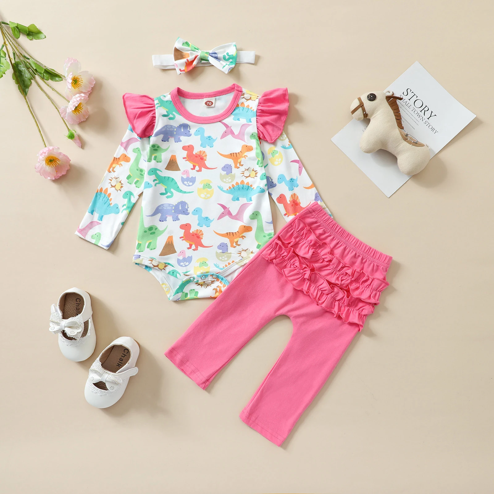 Baby Clothing Girls Spring Three-piece Clothes Sets Dinosaur Printed Pattern Romper Solid Color Pants and Bowknot Headdress
Baby Clothing Girls Spring Three-piece Clothes Sets Dinosaur Printed Pattern Romper Solid Color Pants and Bowknot Headdress