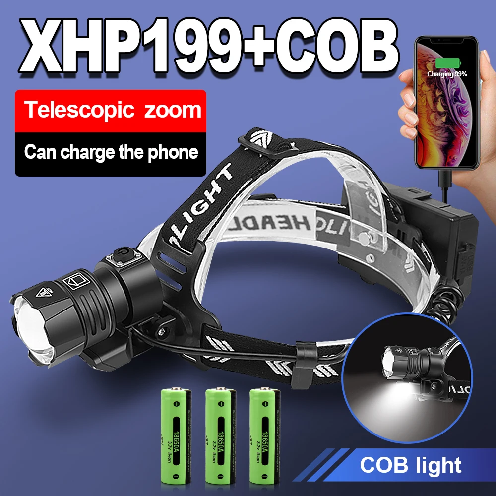 Новейший самый мощный светодиодный налобный фонарь XHP199 перезаряжаемый 18650 USB XHP90