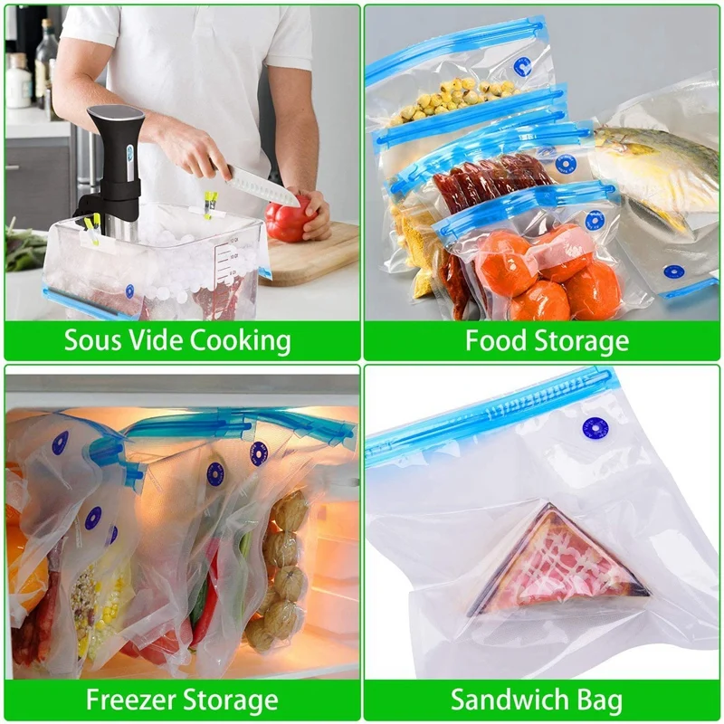 Food Vacuum Sealer, 56 PCS Reusable Vacuum Sous Vide Bags,5 Sous Vide Bag Clips For Food Storage Green
Food Vacuum Sealer, 56 PCS Reusable Vacuum Sous Vide Bags,5 Sous Vide Bag Clips For Food Storage Green