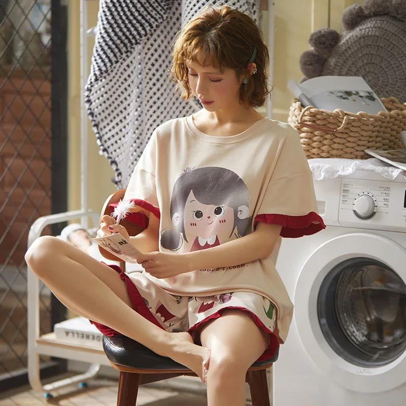 Women Summer Pajamas Cotton Lovely Sleepwear Set 2021 New Printed Shorts Girl Loose Casual Short Sleeve Tops Pajama Home Clothes
Women Summer Pajamas Cotton Lovely Sleepwear Set 2021 New Printed Shorts Girl Loose Casual Short Sleeve Tops Pajama Home Clothes
