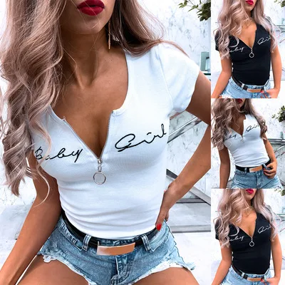 Sexy Women Summer Letter Print Bodycon T-Shirts Patchwork Design Zipper Decor O-Neck Short Sleeve Lady Casual Slim Pullovers Top
Sexy Women Summer Letter Print Bodycon T-Shirts Patchwork Design Zipper Decor O-Neck Short Sleeve Lady Casual Slim Pullovers Top