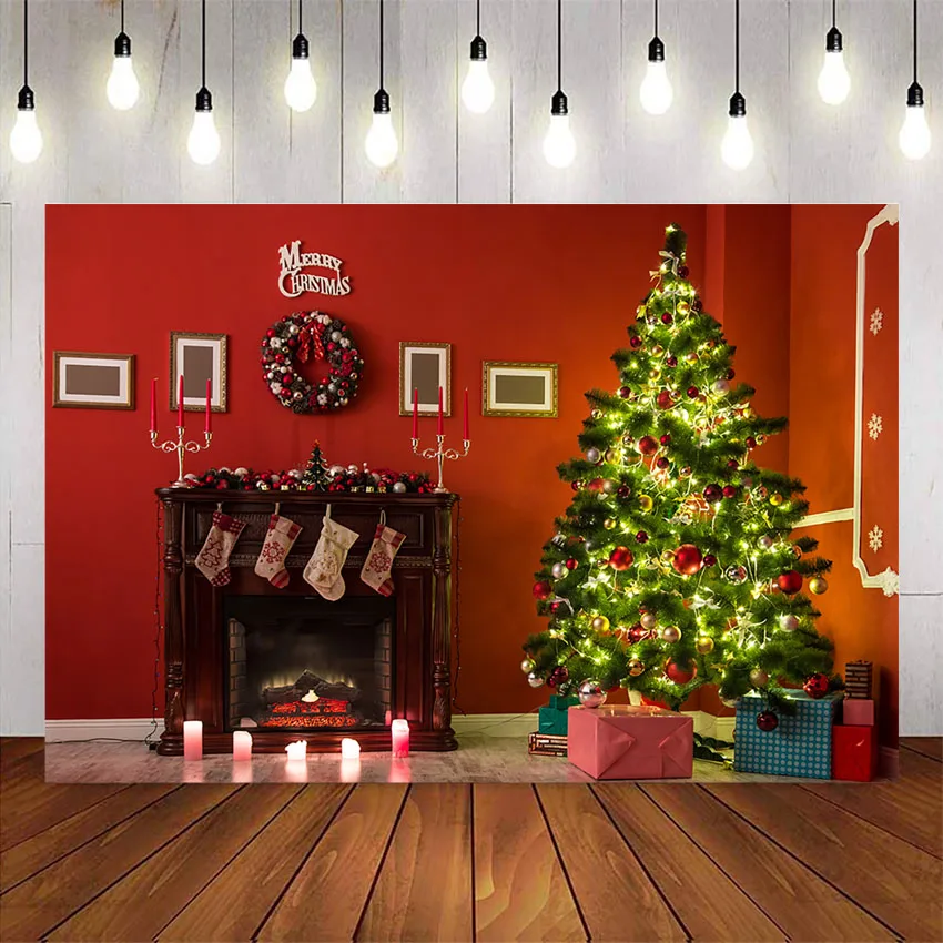 

Merry christmas photography backdrop retro fireplace photo background x-mas tree background for photo studio gifts backdrops