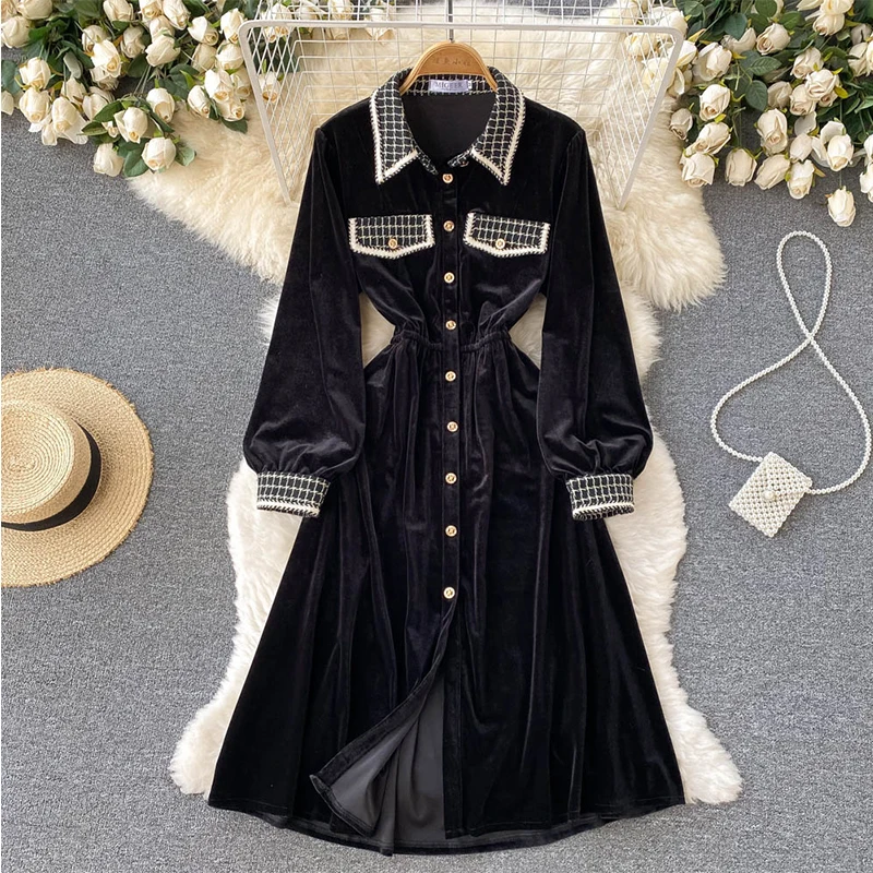 Fitaylor New Autumn Winter Elegant Single Breasted Golden Velvet Dress Women Vintage High Waist Plaid Black A-line Long Dress
Fitaylor New Autumn Winter Elegant Single Breasted Golden Velvet Dress Women Vintage High Waist Plaid Black A-line Long Dress