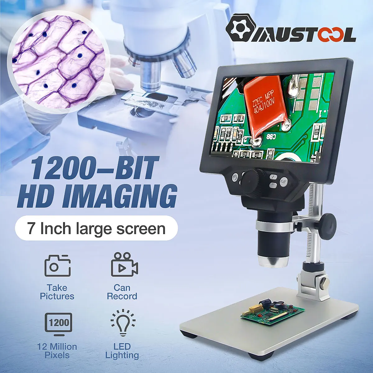 

MUSTOOL G1200 Electronic Digital Microscope 12MP 7 Inch Large Base LCD Display 1-1200X Continuous Amplification Magnifier Tool