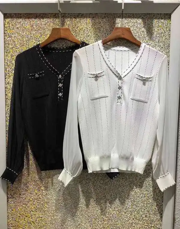 New 2020 Spring Summer Sweaters Women V-Neck Embroidery Stitching Beading Buton Deco Long Sleeve White Black Knitted Pullovers
New 2020 Spring Summer Sweaters Women V-Neck Embroidery Stitching Beading Buton Deco Long Sleeve White Black Knitted Pullovers