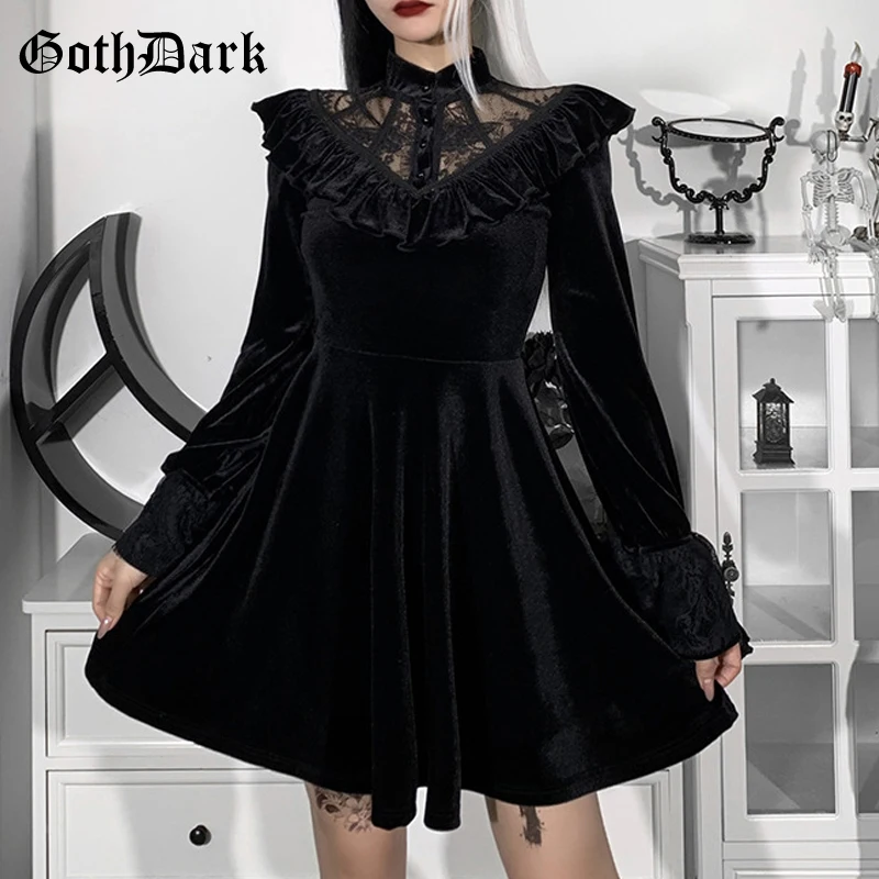 Goth Dark Vintage Velvet Gothic Warm Women Winter Dresses Grunge Ruffles Lace Patchwork A-line Partywear Long Sleeve Black Dress
Goth Dark Vintage Velvet Gothic Warm Women Winter Dresses Grunge Ruffles Lace Patchwork A-line Partywear Long Sleeve Black Dress